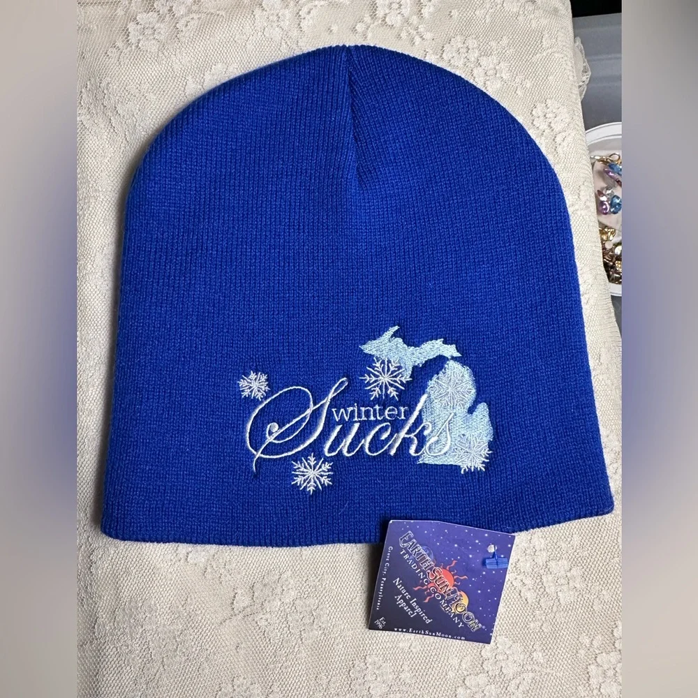 Winter Sucks Blue Winter Cap - 100% Acrylic - Unused Embroidered Beanie w/ Tags